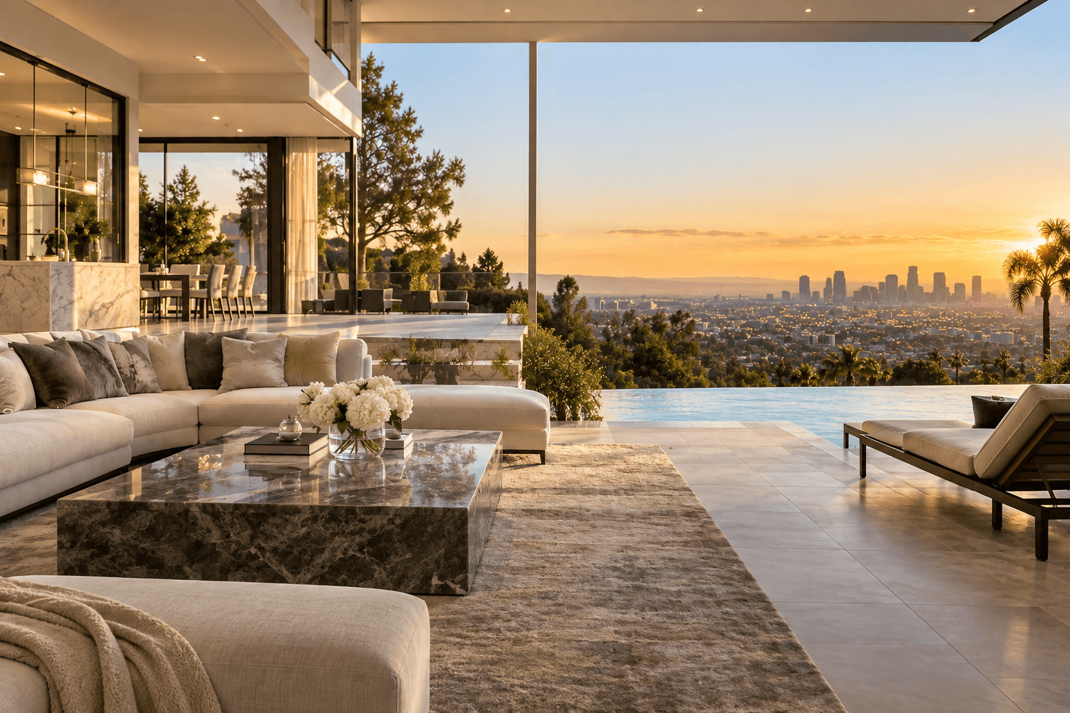 Luxury modern living room overlooking an infinity pool and Los Angeles skyline